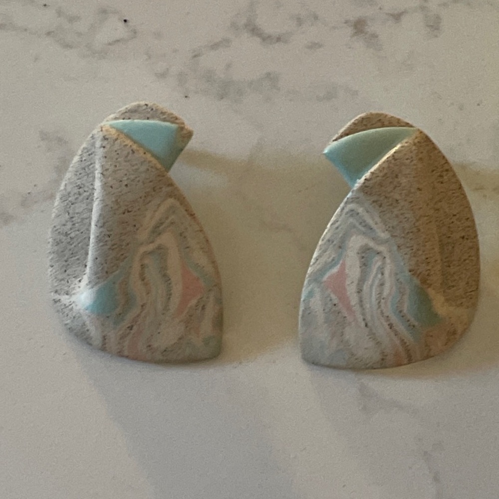 Abstract Tan & Turq Stone look pierced Earrings Vintage